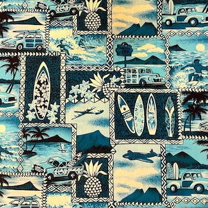 Fabric - Blue Hawaiian Poly/Cotton Fabric for Sale BTY/By the Yard/Surf Board/Pineapple/Woody/Polynesian/Tribal/Tapas