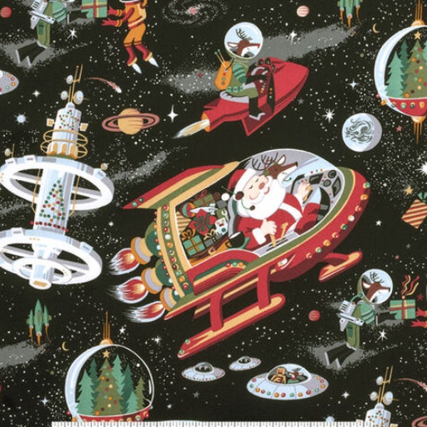 Christmas Fabric - Alexander Henry Santa's in Space on Black Christmas Cotton Fabric/Aliens/Reindeer/spaceship