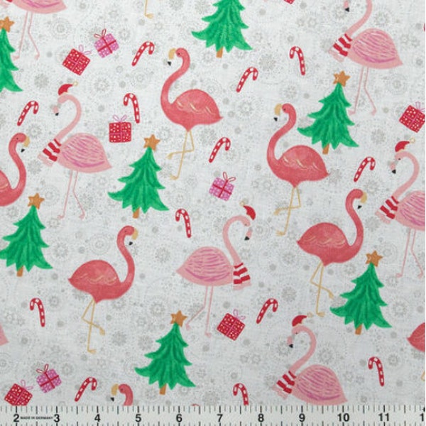Christmas Fabric - Flamingos & Trees on White Christmas Cotton Fabric/Candy Canes