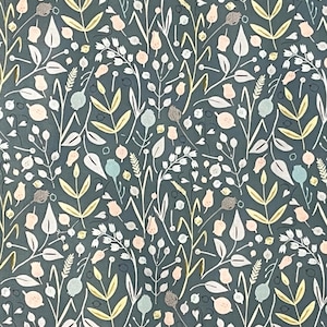 Fabric - Meadow Flowers Apparel Fabric - Wheat/Pink Flowers/Light Blue/Yellow and Blue Leaves