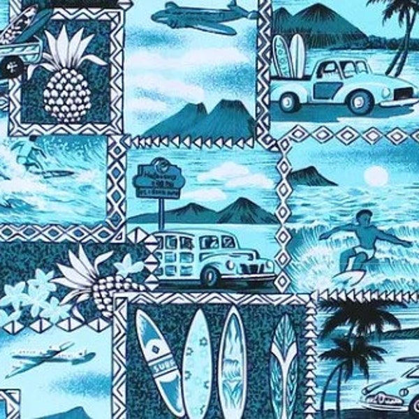 Fabric - Blue Hawaiian 100% Cotton Fabric for Sale BTY/By the Yard/Surf Board/Pineapple/Woody