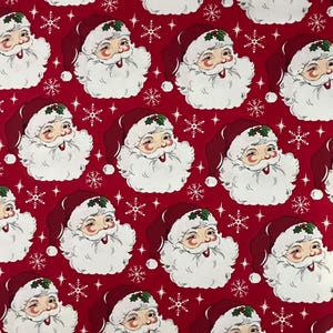 Clearance! Remnant/Fabric Traditions Santa Heads Christmas Cotton Fabric/Red Christmas Fabric/White Snowflakes/Vintage Santa