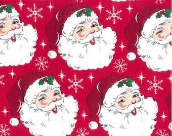 Christmas Fabric-Fabric Traditions Santa Heads Christmas Cotton Fabric/Red Christmas Fabric/White Snowflakes/Vintage Santa