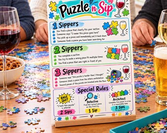 Puzzle n Sip Game Sign, Jigsaw Puzzle Drinking Game, Wine Lovers Gift, Unique Gift