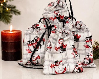 Set of 4 Snowman Penguin Fabric Gift Bags, Reusable Christmas Drawstring Pouches