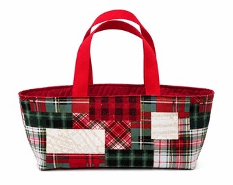 Quilted Plaid Wine Tote | Reusable Christmas Purse, Gift Bag