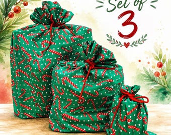 Set of 3 Reusable Christmas Gift Bags | Candy canes