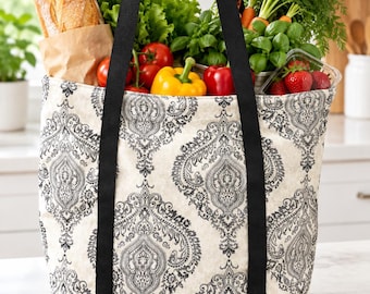 Black and white large reusable grocery bag