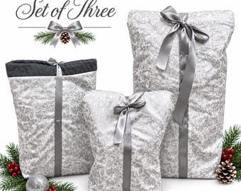 Set of 3 Reusable Christmas Gift Bags | Quilted Fabric Gift Wrap Alternative