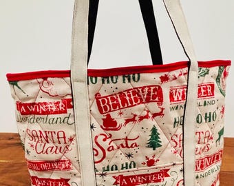 Handmade Quilted Christmas Tote Bag | Festive Holiday Shopping Purse, Reusable Gift Bag