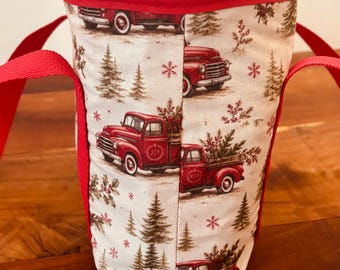 Christmas Wine Tote Bag | Red Truck Holiday Market Purse | Reusable Gift Bag