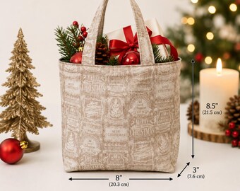 Vintage Christmas Fabric Tote Gift Bag | Reusable Holiday Wrap Alternative