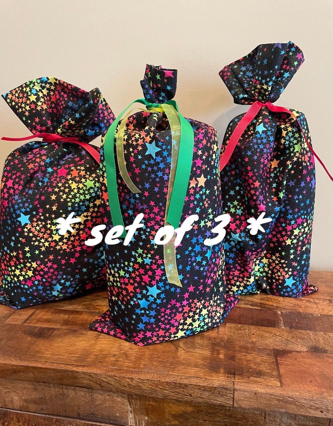 Set of 3 Reusable Fabric Gift Bags. Birthday, Anniversary, Gift Bags