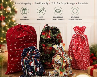 Set of 6 Reusable Fabric Christmas Gift Bags