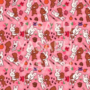 May include: A seamless pattern featuring a pink background with white rabbits and brown bears. The rabbits and bears are holding each other and are surrounded by hearts, butterflies, acorns, and oranges.