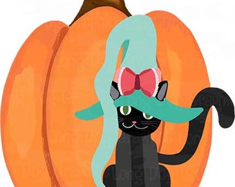 Cute Black Cat Digital Image, Cat with Witch Hat, Cat and Pumpkin, EPS PNG