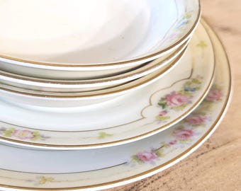 Vintage Noritake Hand Painted Nippon China Set – Pink Rose Gold Rim Plates & Bowls – 5 Piece Matching Set