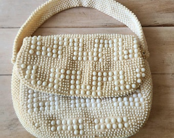 Vintage John Wind White Beaded Shoulder Bag Cream Bridal Purse Y2K Handbag Wedding Resort Evening Bag