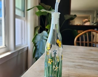 Hand Painted Glass Bottle with Spout Floral Butterfly Design Vintage Style Folk Art Vase or Oil Bottle, Cottagecore Decor