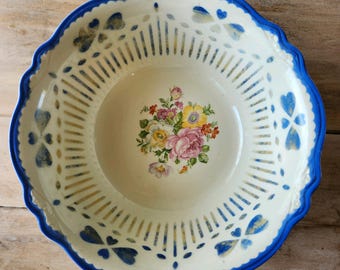 Vintage Homer Laughlin Virginia Rose Serving Bowl Blue Rim Openwork Lattice Bowl Floral Center Cottage Farmhouse Decor