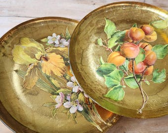 Vintage Handmade Gold Decoupage Plates Set of 2 | Signed 1971 Botanical Wall Decor