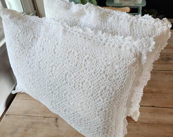 Vintage Crochet Pillow Shams, Pair of White Cotton Pillow Covers, Cottage Bed Linens, Romantic Farmhouse Bedding, Standard Size