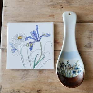 Vintage Floral Spoon Rest Ceramic Tile Set | Blue Iris Botanical Art
