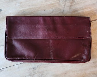 Vintage Burgundy Leather Clutch Oversized | Oxblood Foldover Handbag | Multi Compartment Suede Lined Purse