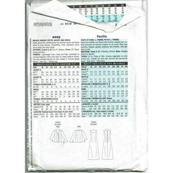 Butterick Sewing Pattern 3758 Misses Dress Jacket Size 20-24 Petite - Etsy