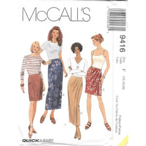 May include: McCall's sewing pattern featuring four skirt designs. The pattern includes a variety of skirt styles, including wrap skirts and pencil skirts. The pattern is labeled as Quick & Easy and includes size F (16, 18, 20).