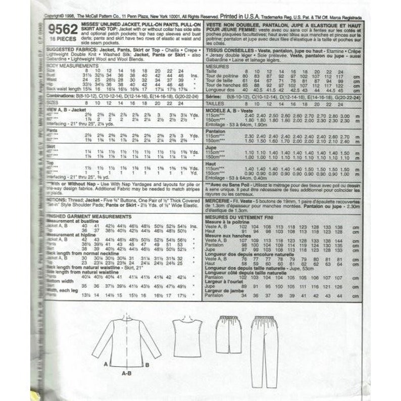 Patterns 9562 Mccalls Sewing Pattern 9562 Jacket Pants Skirt Top Misses Size 14-18 - Etsy