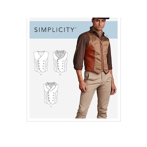 Puede incluir: Un patrón de costura para un chaleco de doble botonadura con cuello de punta. El patrón incluye tres estilos diferentes: A, B y C. El patrón es de Simplicity.