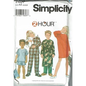 May include: Simplicity sewing pattern 7407 for children's pajamas and a robe. The pattern includes three different designs: a plaid pajama set, a robe with a dog print, and a solid red nightgown. The pattern is for sizes AA 3, 4, 5, and 6. The pattern includes the text "2 HOUR" and "sewing time only/temps de couture seulement".