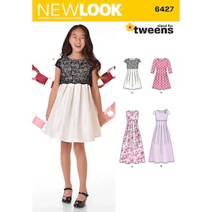May include: A young girl wearing a black lace and white satin dress. The image also shows a sewing pattern with dress designs, including a pink polka dot dress and a floral print dress. The text "NEW LOOK" and "sized for tweens" are visible.