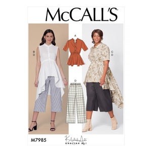 May include: A sewing pattern for a high-low top with a tie waist and cropped pants. The pattern is by McCall's and designed by Khlajah Ali. The pattern number is M7985.