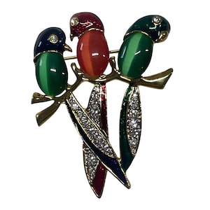 Vintage Gold-Tone Enamel Three Parrots Brooch With Rhinestone Accents On Branch