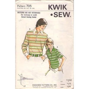 May include: Vintage sewing pattern for two striped shirts. The pattern is for chest sizes 30-31 1/2, 33-34. The pattern is from Kwik Sew Pattern Co., Inc. and is not returnable.