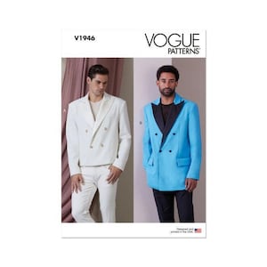 May include: Vogue Patterns sewing pattern featuring two double-breasted blazers. One blazer is white with gold buttons, and the other is light blue with a black lapel. The pattern includes the text "Vogue Patterns" and the number "V1946".