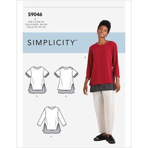 Peut inclure: Un patron de couture Simplicity, S9046, présentant une tunique rouge à manches longues avec des boutons et un ourlet superposé. Le patron comprend des schémas pour différents styles de tuniques, avec des informations de taille en tailles européennes (XP-XG) et françaises (TP-TG).