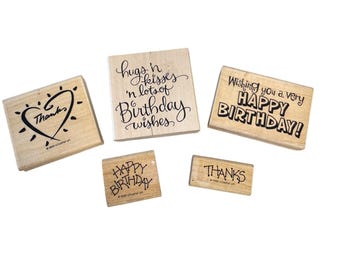 Rubber Stamps Set Of 5 Birthday & Thank You Designs Wood-Mounted