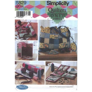 May include: A Simplicity Quilters pattern showing quilted fabric projects. The image displays a patchwork tote bag, needle cases, and a sewing kit. The colour scheme includes blues, yellows, and reds. The text "Simplicity Quilters ONLY Fabrics" is visible.