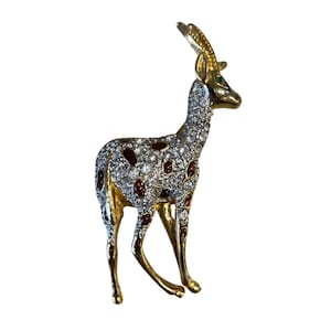 Vintage Gold-Plated Rhinestone Gazelle Antelope Brooch Brown Green Crystals