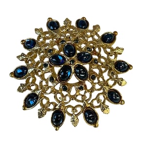 Vintage Gold-Tone Brooch Blue Rhinestones Filigree Floral Elegant Statement Pin