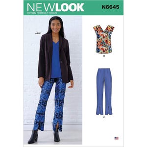May include: A New Look sewing pattern, N6645, featuring a woman wearing a blazer, blue top, and patterned pants. The pattern also includes a floral print top and blue pants with a slit at the ankle. The text "NEW LOOK" is at the top.