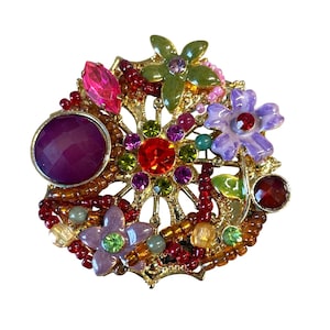 Bunte Floral-inspirierte goldfarbene Brosche bunte Edelsteine Perlen Kristalle