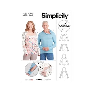 May include: Simplicity sewing pattern S9723 for adaptive clothing. The envelope features a floral print top with polka dot sleeves and a solid light blue long-sleeve shirt. Includes diagrams for easy port access, hood options, and technical line drawings.