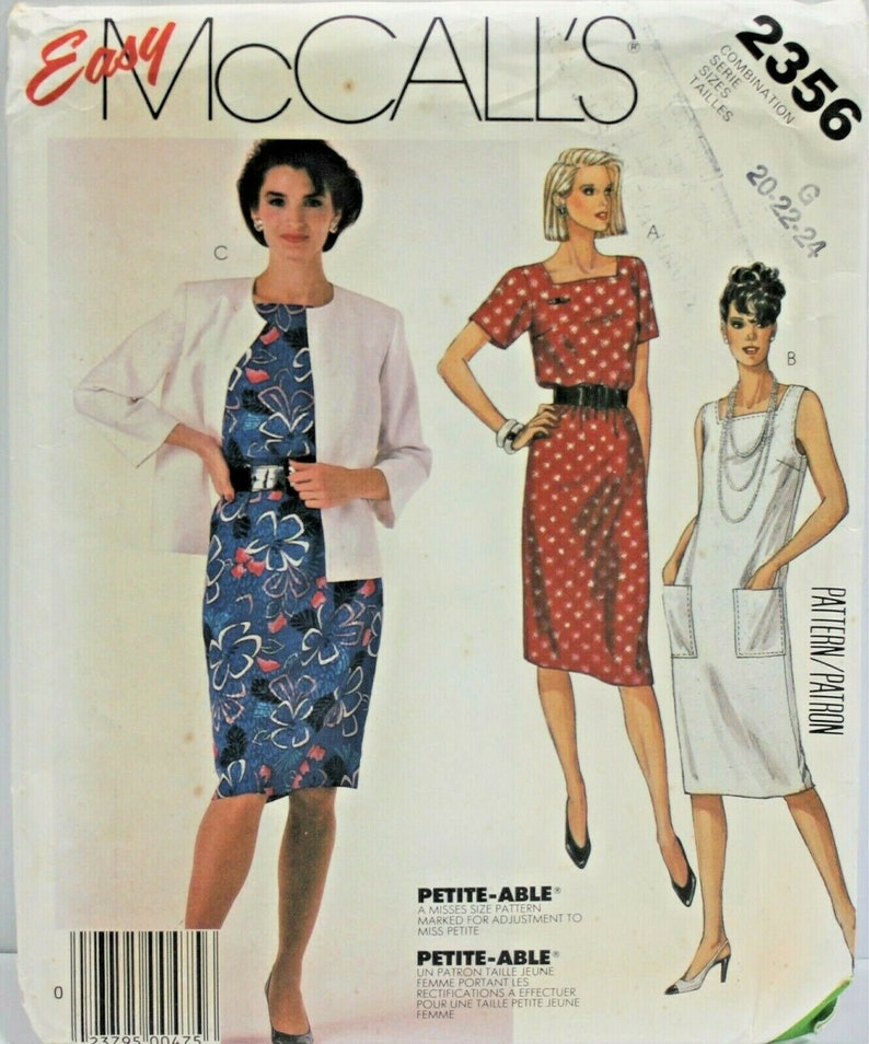 McCalls Sewing Pattern 2356 Miss Jacket Dress Size 20 22 24 80s Fashion
