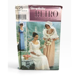 May include: A Simplicity Retro Costume Collection sewing pattern envelope, number 9225, featuring illustrations of three historical-style dresses. The package displays text including the brand name, collection title, and size range HH 6, 8, 10, 12.
