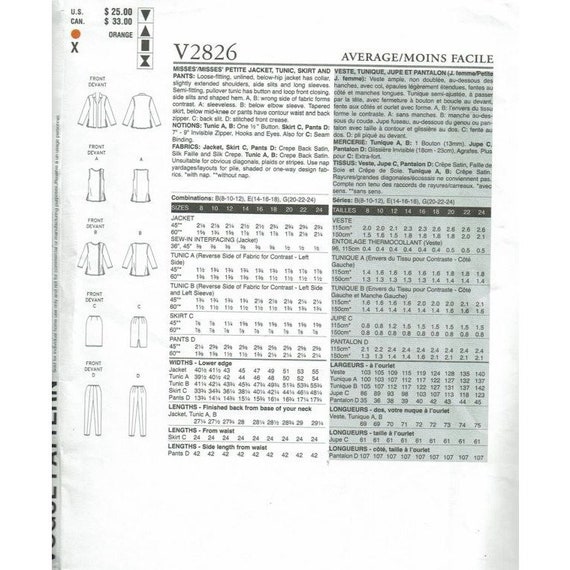 Vogue Sewing Pattern 2826 Jacket Tunic Skirt Pants Misses Size 20 24