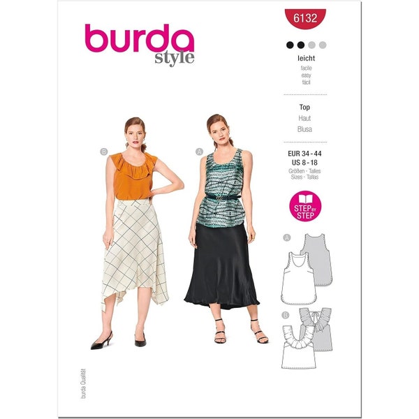 Burda Sewing Pattern Top Blouse Shirt Misses Size 8-18